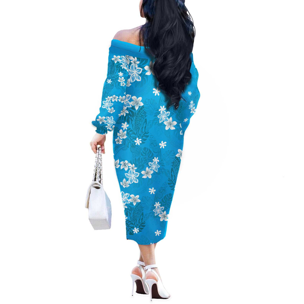 Hawaii Monstera Deliciosa Off The Shoulder Long Sleeve Dress Blue Plumeria Polynesian Pattern - Polynesian Pride