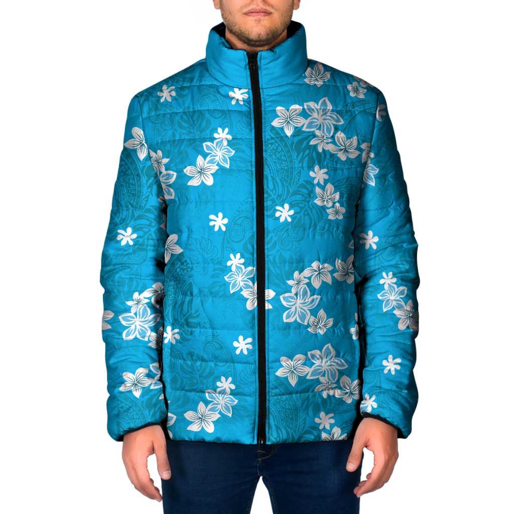 Hawaii Monstera Deliciosa Padded Jacket Blue Plumeria Polynesian Pattern - Polynesian Pride