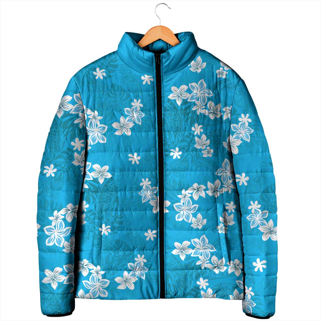 Hawaii Monstera Deliciosa Padded Jacket Blue Plumeria Polynesian Pattern - Polynesian Pride