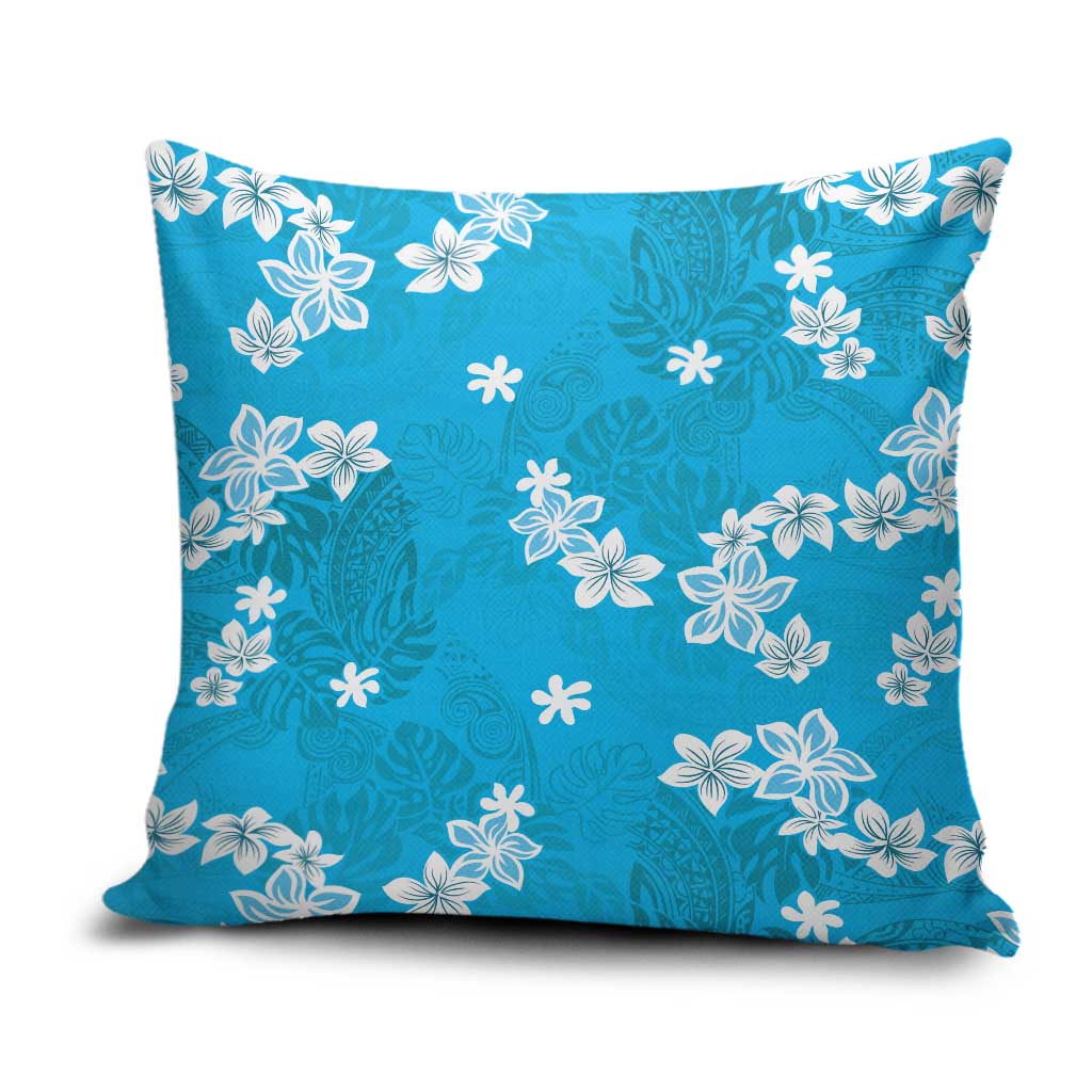 Hawaii Monstera Deliciosa Pillow Cover Blue Plumeria Polynesian Pattern - Polynesian Pride