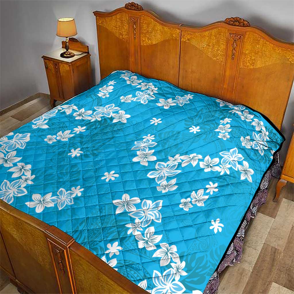 Hawaii Monstera Deliciosa Quilt Blue Plumeria Polynesian Pattern - Polynesian Pride
