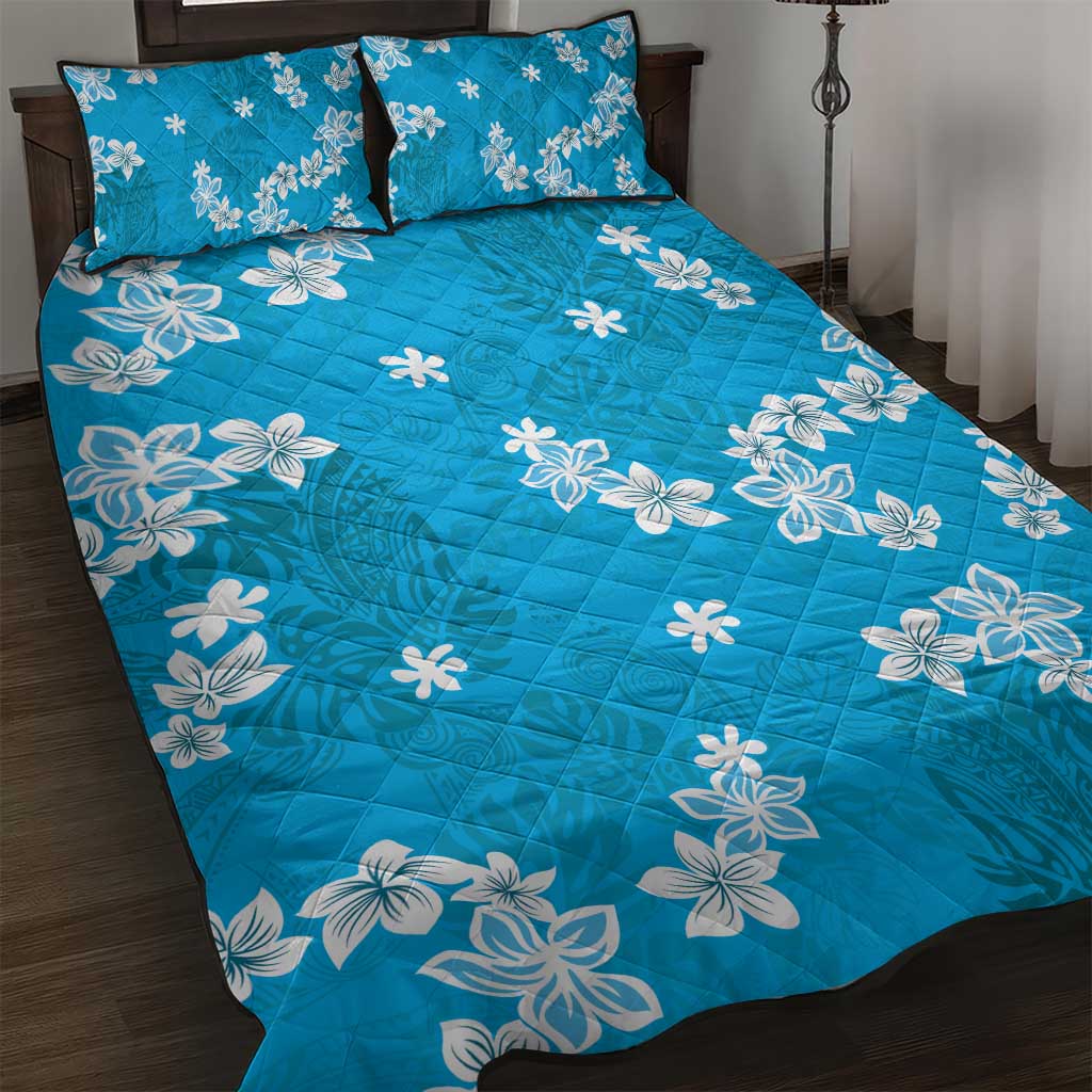 Hawaii Monstera Deliciosa Quilt Bed Set Blue Plumeria Polynesian Pattern - Polynesian Pride
