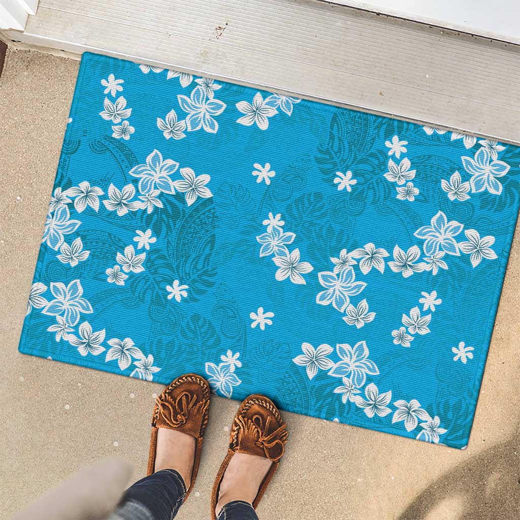 Hawaii Monstera Deliciosa Rubber Doormat Blue Plumeria Polynesian Pattern - Polynesian Pride