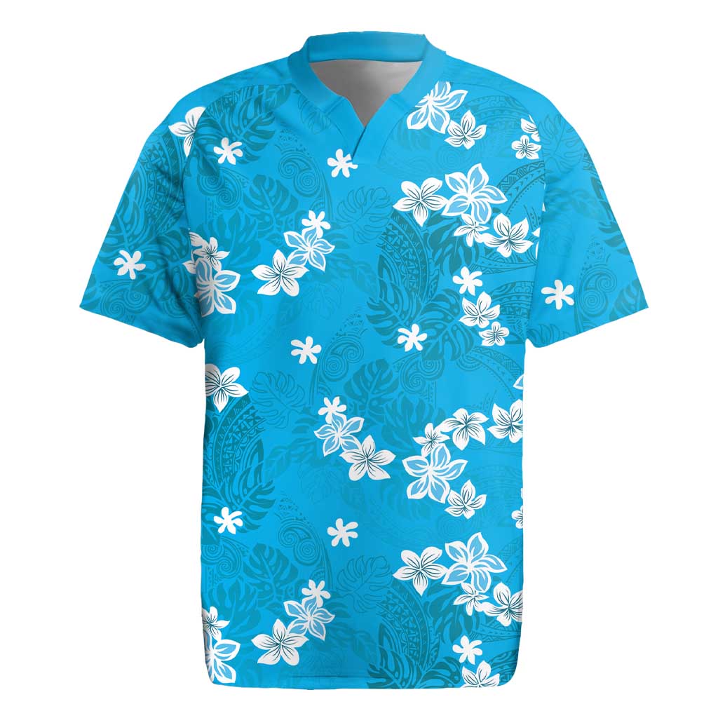Hawaii Monstera Deliciosa Rugby Jersey Blue Plumeria Polynesian Pattern - Polynesian Pride