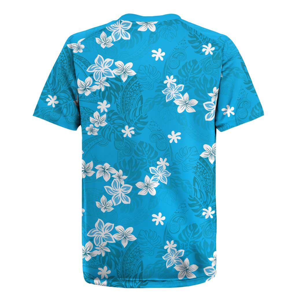 Hawaii Monstera Deliciosa Rugby Jersey Blue Plumeria Polynesian Pattern - Polynesian Pride