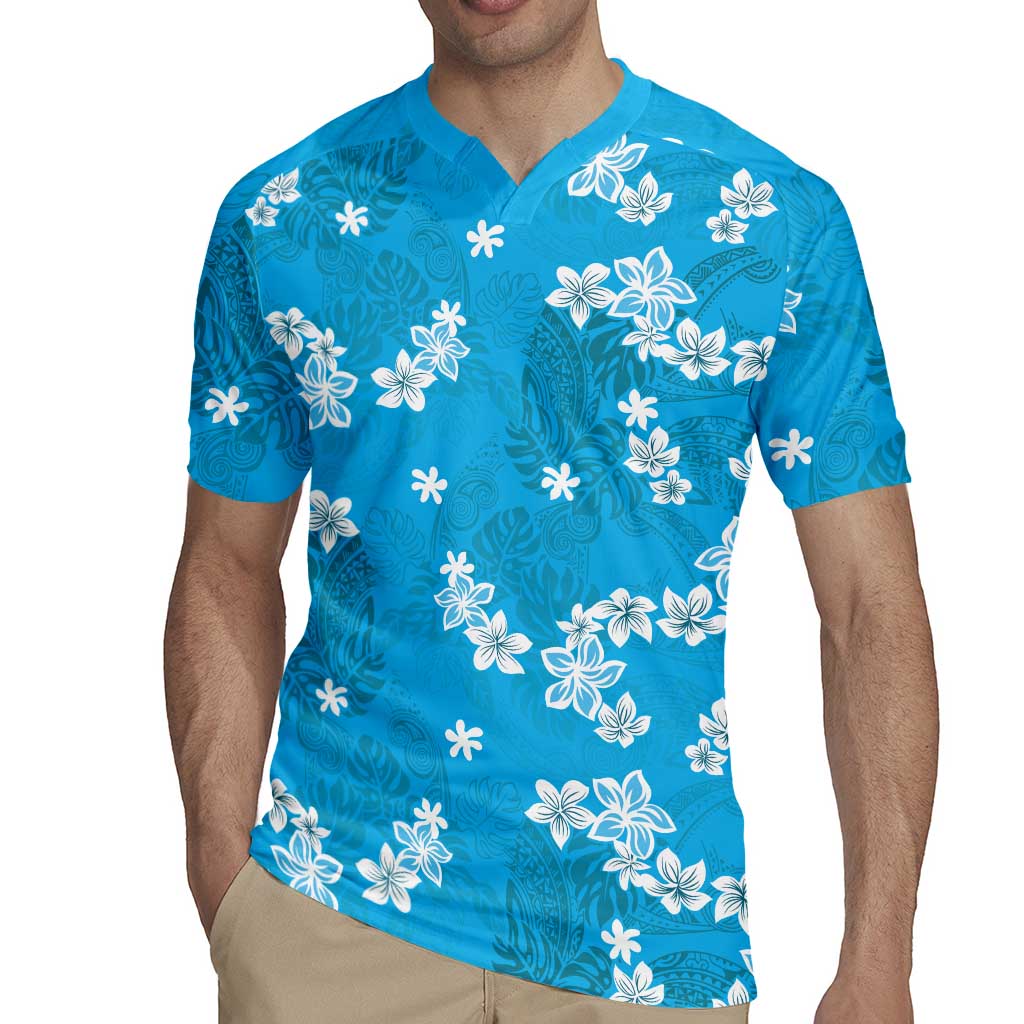 Hawaii Monstera Deliciosa Rugby Jersey Blue Plumeria Polynesian Pattern - Polynesian Pride