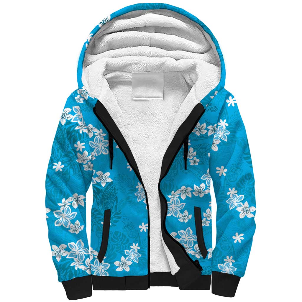 Hawaii Monstera Deliciosa Sherpa Hoodie Blue Plumeria Polynesian Pattern - Polynesian Pride