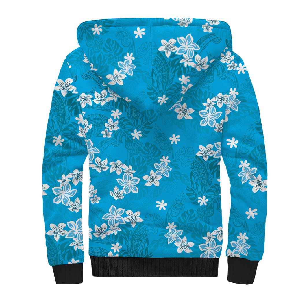 Hawaii Monstera Deliciosa Sherpa Hoodie Blue Plumeria Polynesian Pattern - Polynesian Pride