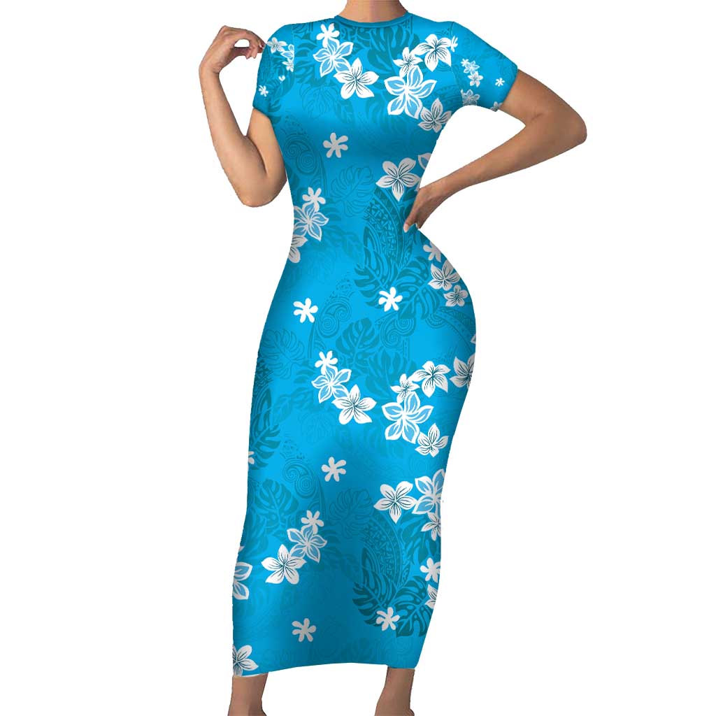 Hawaii Monstera Deliciosa Short Sleeve Bodycon Dress Blue Plumeria Polynesian Pattern - Polynesian Pride