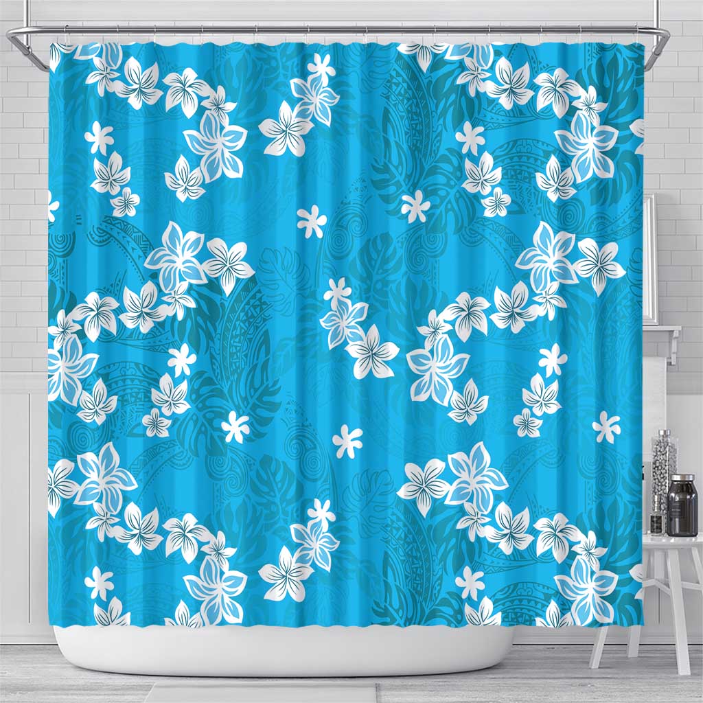 Hawaii Monstera Deliciosa Shower Curtain Blue Plumeria Polynesian Pattern - Polynesian Pride