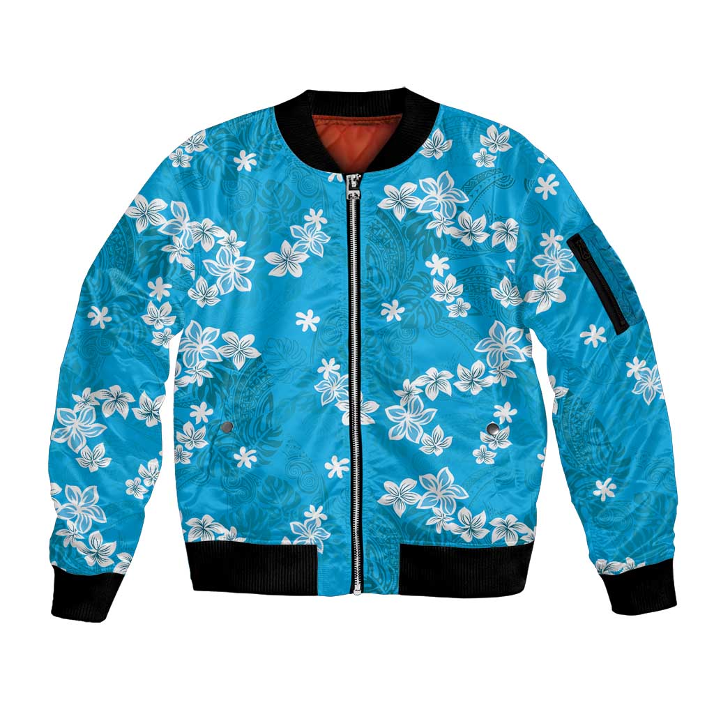 Hawaii Monstera Deliciosa Sleeve Zip Bomber Jacket Blue Plumeria Polynesian Pattern - Polynesian Pride