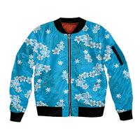 Hawaii Monstera Deliciosa Sleeve Zip Bomber Jacket Blue Plumeria Polynesian Pattern - Polynesian Pride