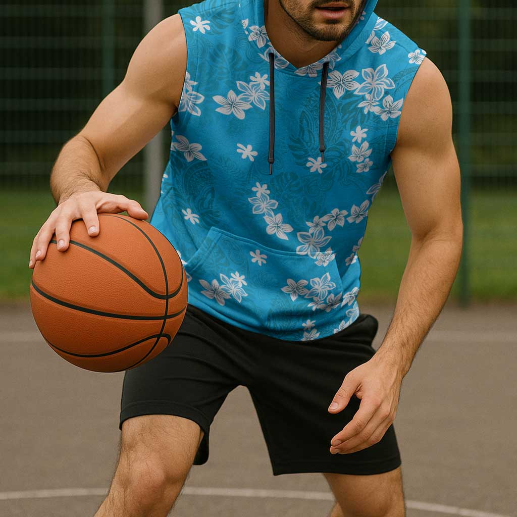 Hawaii Monstera Deliciosa Sleeveless Hoodie Blue Plumeria Polynesian Pattern - Polynesian Pride