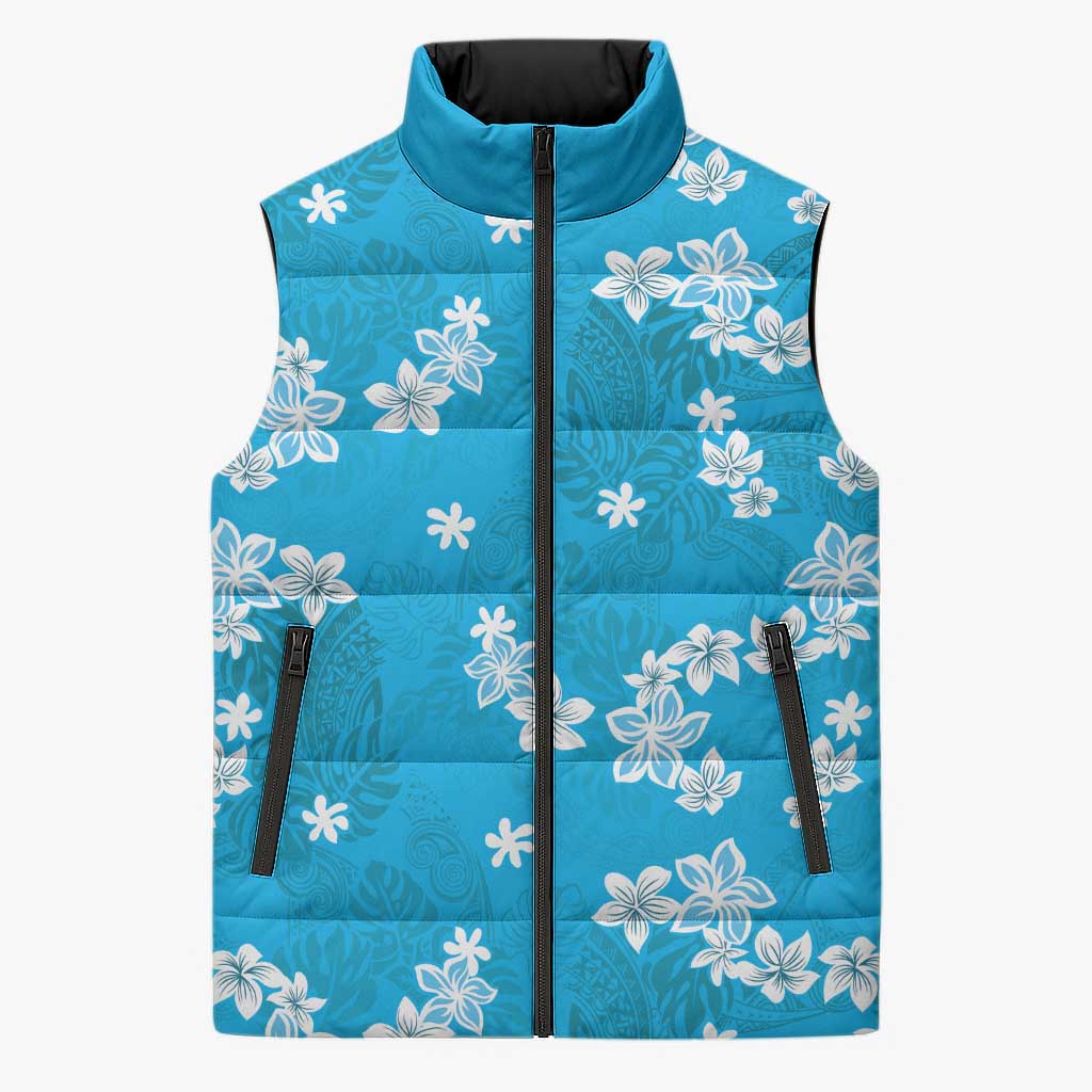 Hawaii Monstera Deliciosa Sleeveless Puffer Jacket Blue Plumeria Polynesian Pattern - Polynesian Pride