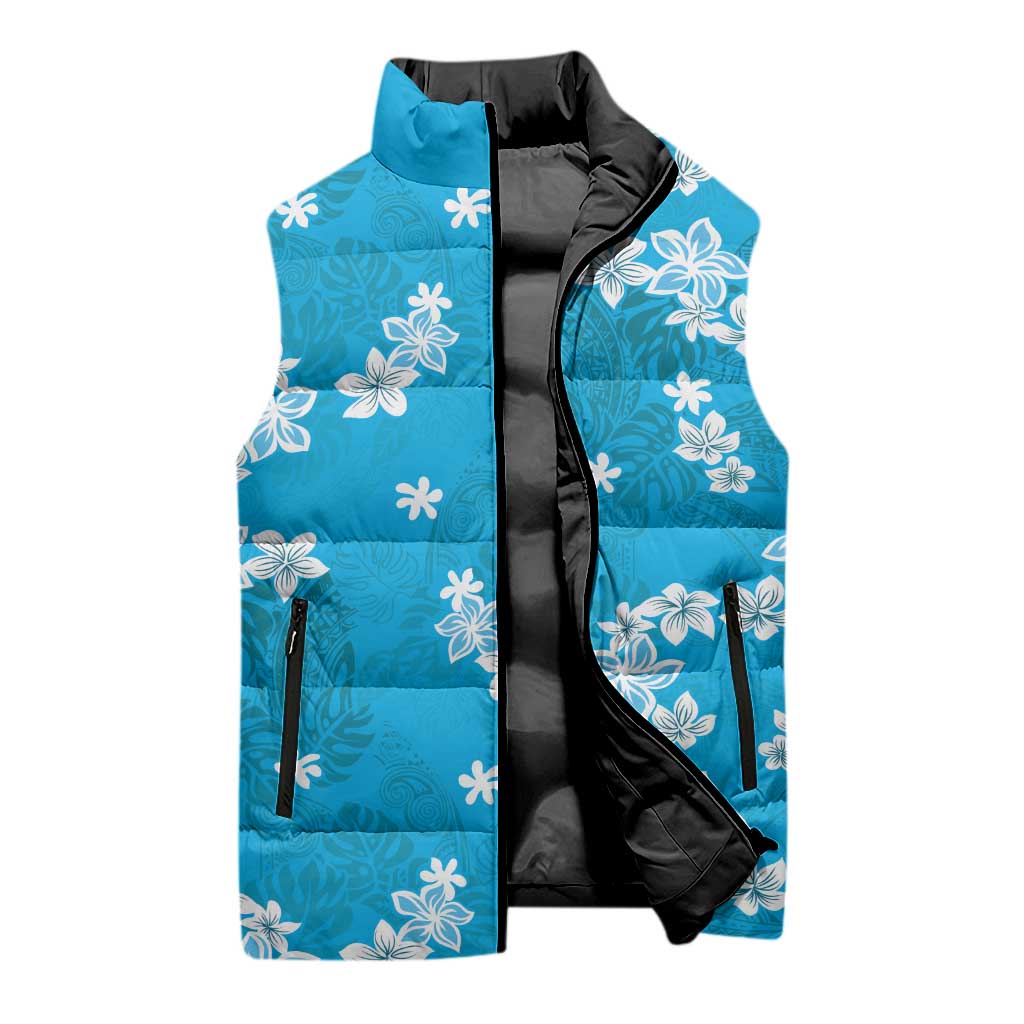 Hawaii Monstera Deliciosa Sleeveless Puffer Jacket Blue Plumeria Polynesian Pattern - Polynesian Pride