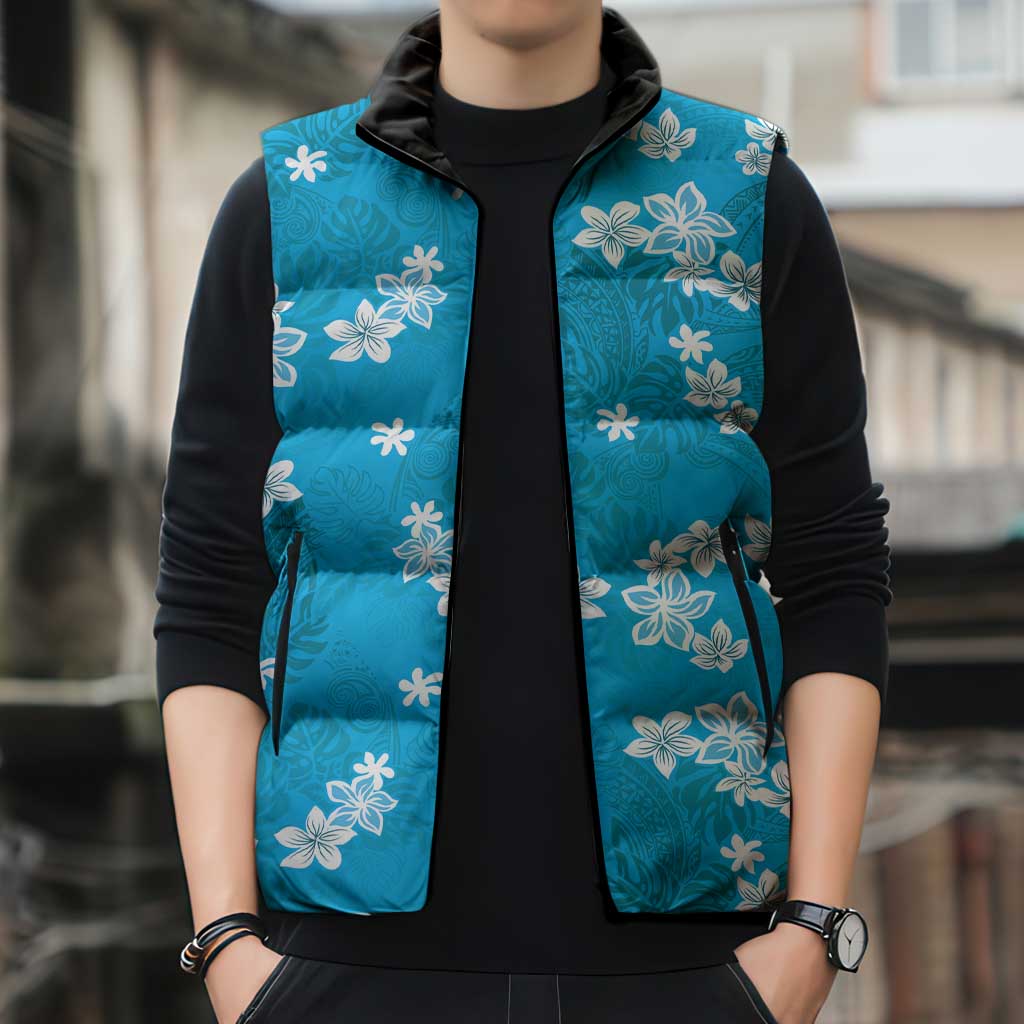 Hawaii Monstera Deliciosa Sleeveless Puffer Jacket Blue Plumeria Polynesian Pattern - Polynesian Pride