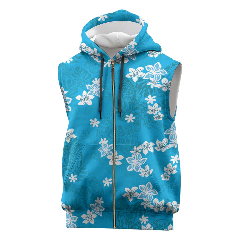 Hawaii Monstera Deliciosa Sleeveless Zip Hoodie Blue Plumeria Polynesian Pattern - Polynesian Pride