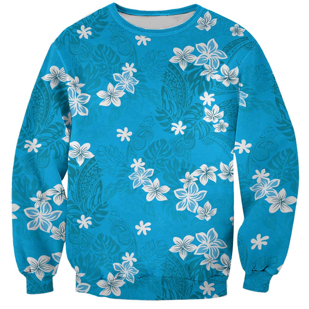 Hawaii Monstera Deliciosa Sweatshirt Blue Plumeria Polynesian Pattern - Polynesian Pride