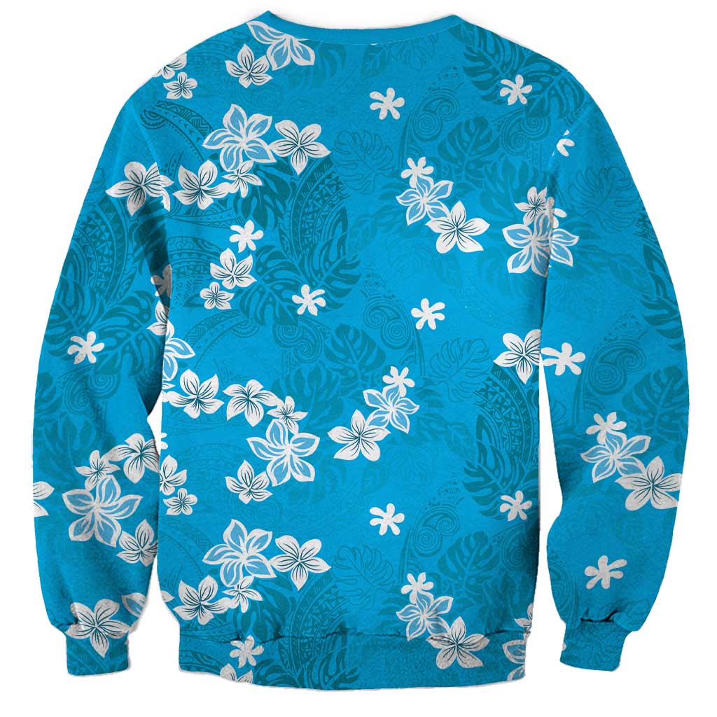 Hawaii Monstera Deliciosa Sweatshirt Blue Plumeria Polynesian Pattern - Polynesian Pride