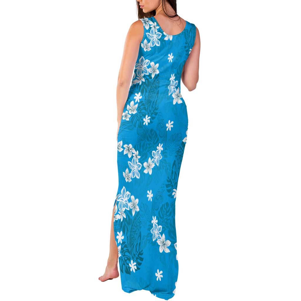 Hawaii Monstera Deliciosa Tank Maxi Dress Blue Plumeria Polynesian Pattern - Polynesian Pride