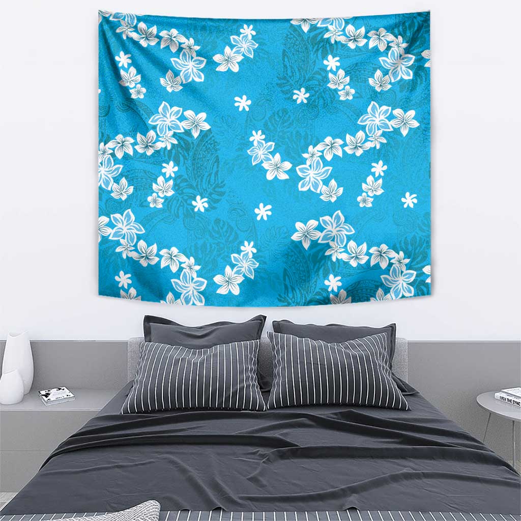 Hawaii Monstera Deliciosa Tapestry Blue Plumeria Polynesian Pattern - Polynesian Pride
