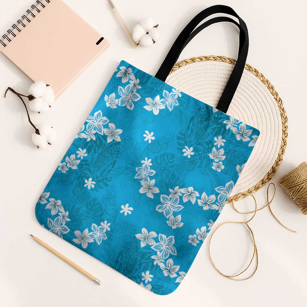 Hawaii Monstera Deliciosa Tote Bag Blue Plumeria Polynesian Pattern - Polynesian Pride