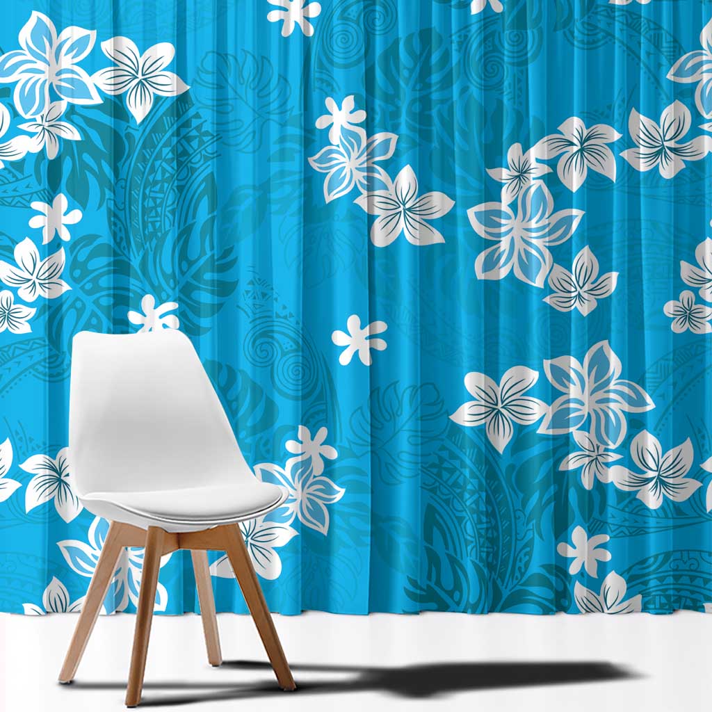 Hawaii Monstera Deliciosa Window Curtain Blue Plumeria Polynesian Pattern - Polynesian Pride