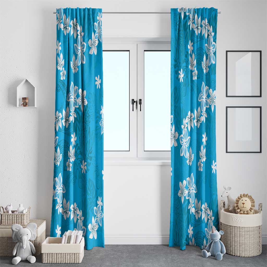 Hawaii Monstera Deliciosa Window Curtain Blue Plumeria Polynesian Pattern - Polynesian Pride