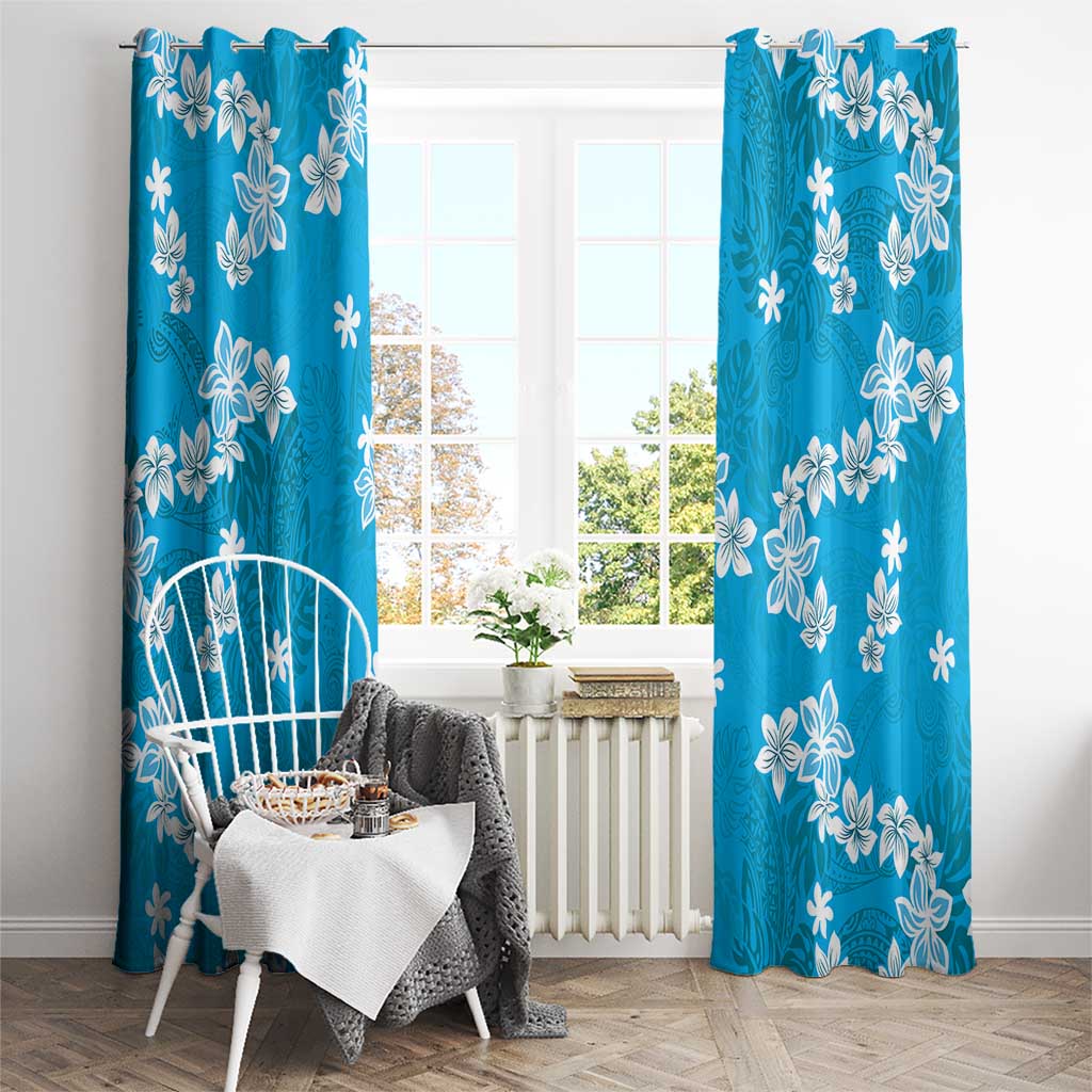 Hawaii Monstera Deliciosa Window Curtain Blue Plumeria Polynesian Pattern - Polynesian Pride
