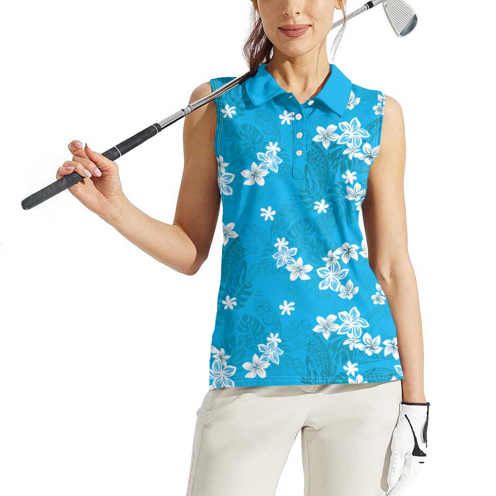 Hawaii Monstera Deliciosa Women Sleeveless Polo Shirt Blue Plumeria Polynesian Pattern - Polynesian Pride