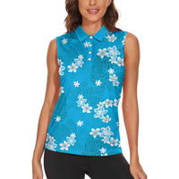 Hawaii Monstera Deliciosa Women Sleeveless Polo Shirt Blue Plumeria Polynesian Pattern - Polynesian Pride