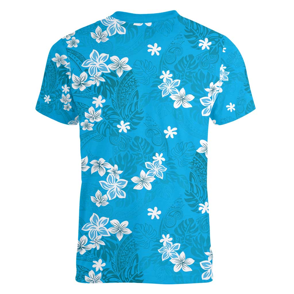 Hawaii Monstera Deliciosa Women V-Neck T-Shirt Blue Plumeria Polynesian Pattern - Polynesian Pride