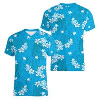Hawaii Monstera Deliciosa Women V-Neck T-Shirt Blue Plumeria Polynesian Pattern - Polynesian Pride