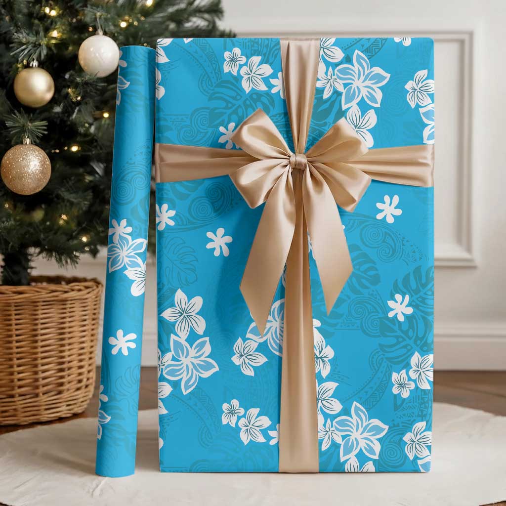 Hawaii Monstera Deliciosa Wrapping Paper Blue Plumeria Polynesian Pattern - Polynesian Pride
