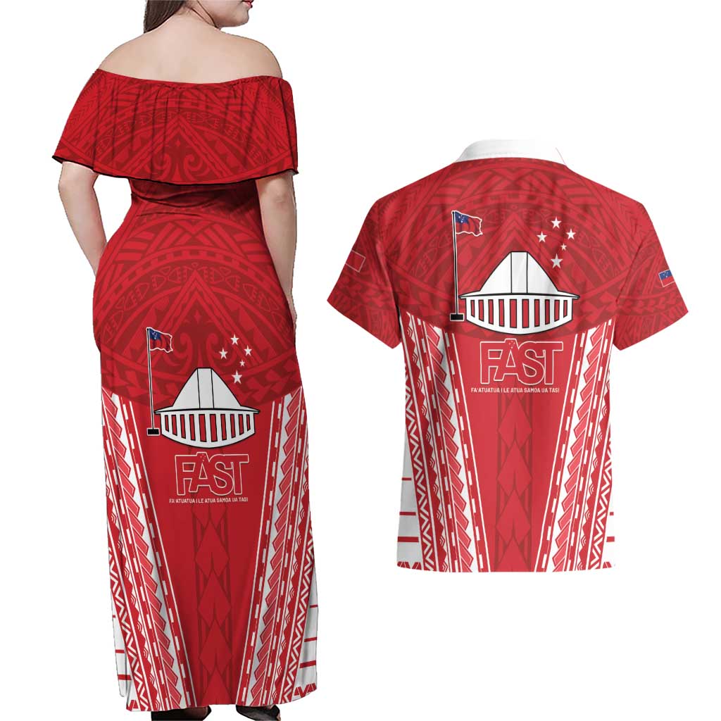 Samoa FAST Couples Matching Off Shoulder Maxi Dress and Hawaiian Shirt Forever Proud Samoan Tribal Pattern - Polynesian Pride