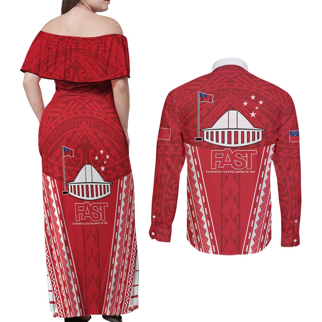 Samoa FAST Couples Matching Off Shoulder Maxi Dress and Long Sleeve Button Shirt Forever Proud Samoan Tribal Pattern - Polynesian Pride