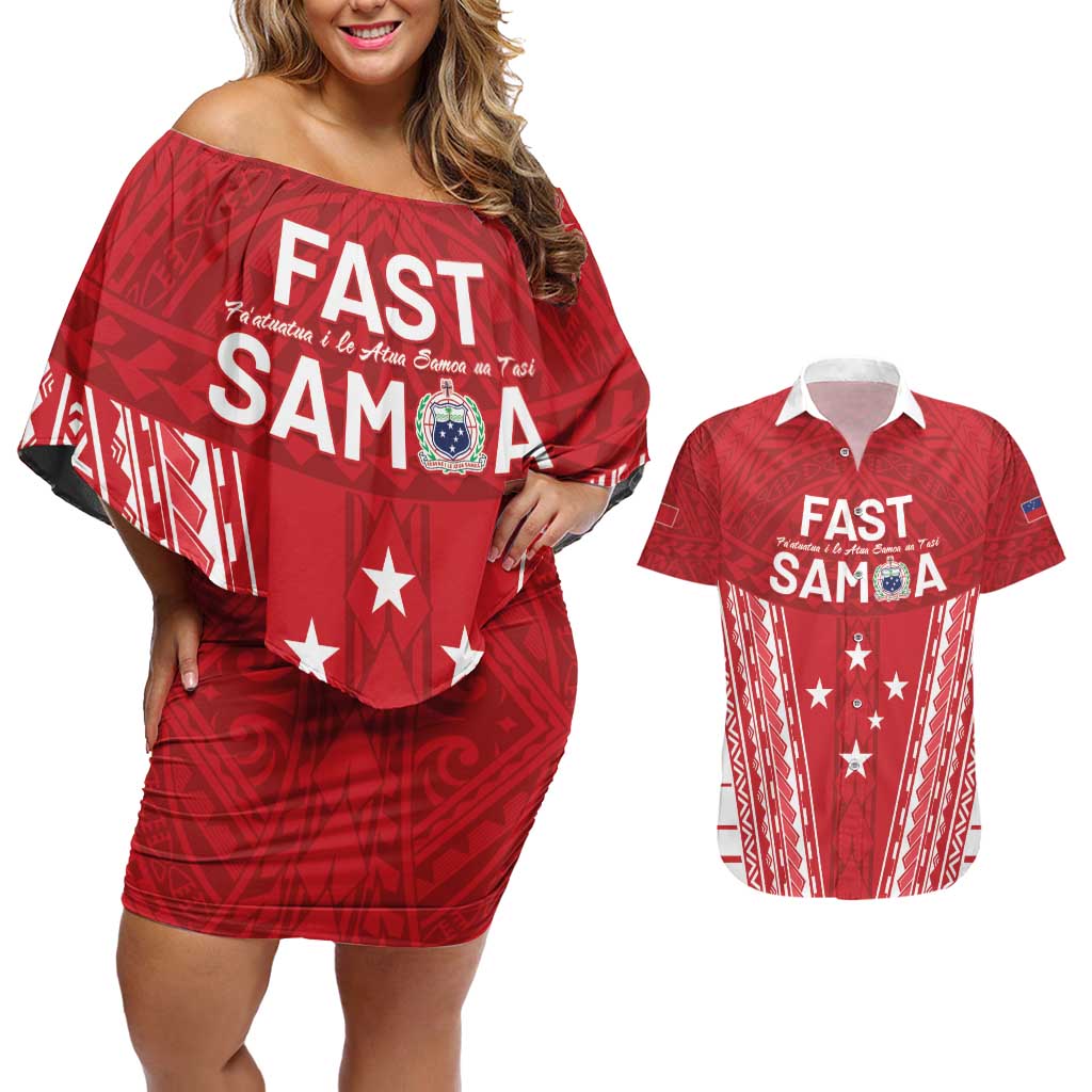 Samoa FAST Couples Matching Off Shoulder Short Dress and Hawaiian Shirt Forever Proud Samoan Tribal Pattern - Polynesian Pride