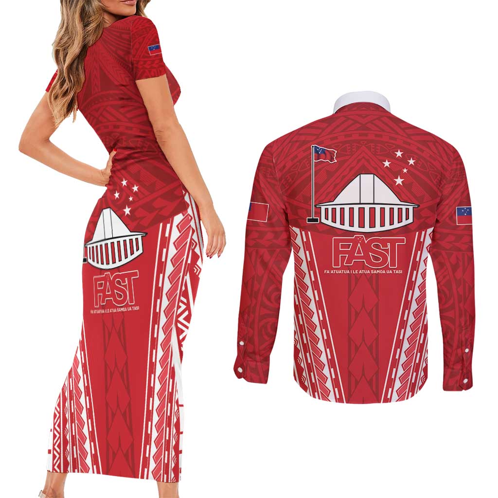 Samoa FAST Couples Matching Short Sleeve Bodycon Dress and Long Sleeve Button Shirt Forever Proud Samoan Tribal Pattern - Polynesian Pride