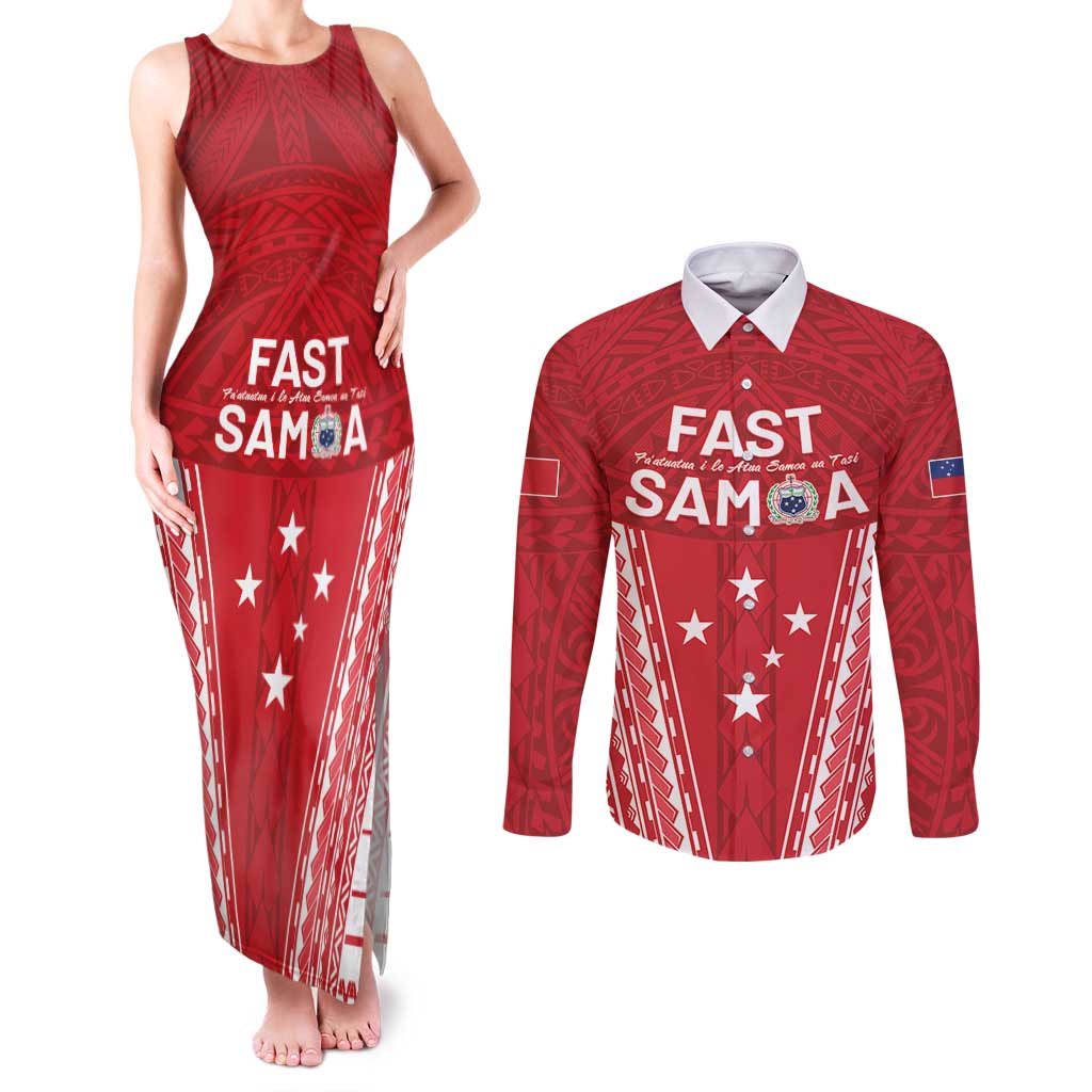 Samoa FAST Couples Matching Tank Maxi Dress and Long Sleeve Button Shirt Forever Proud Samoan Tribal Pattern - Polynesian Pride