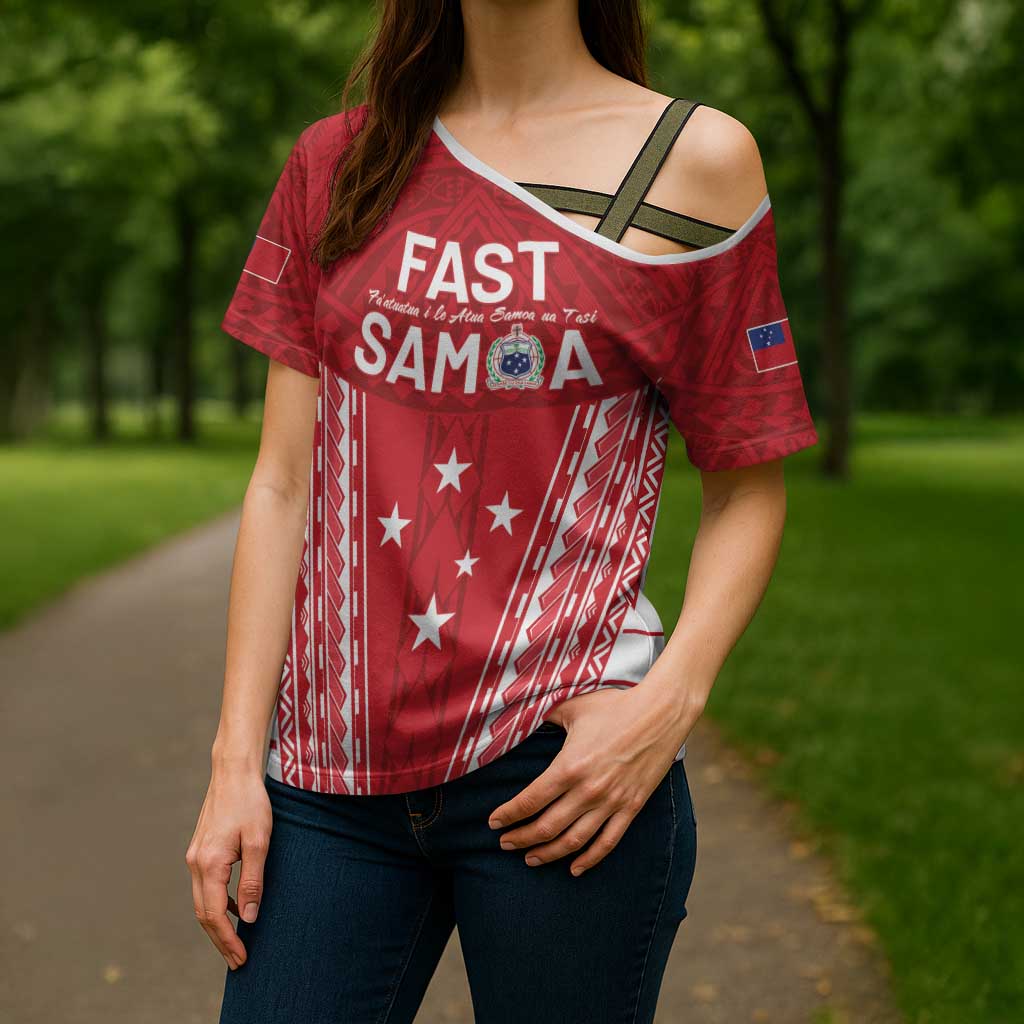 Samoa FAST Cross Shoulder Shirt Forever Proud Samoan Tribal Pattern - Polynesian Pride