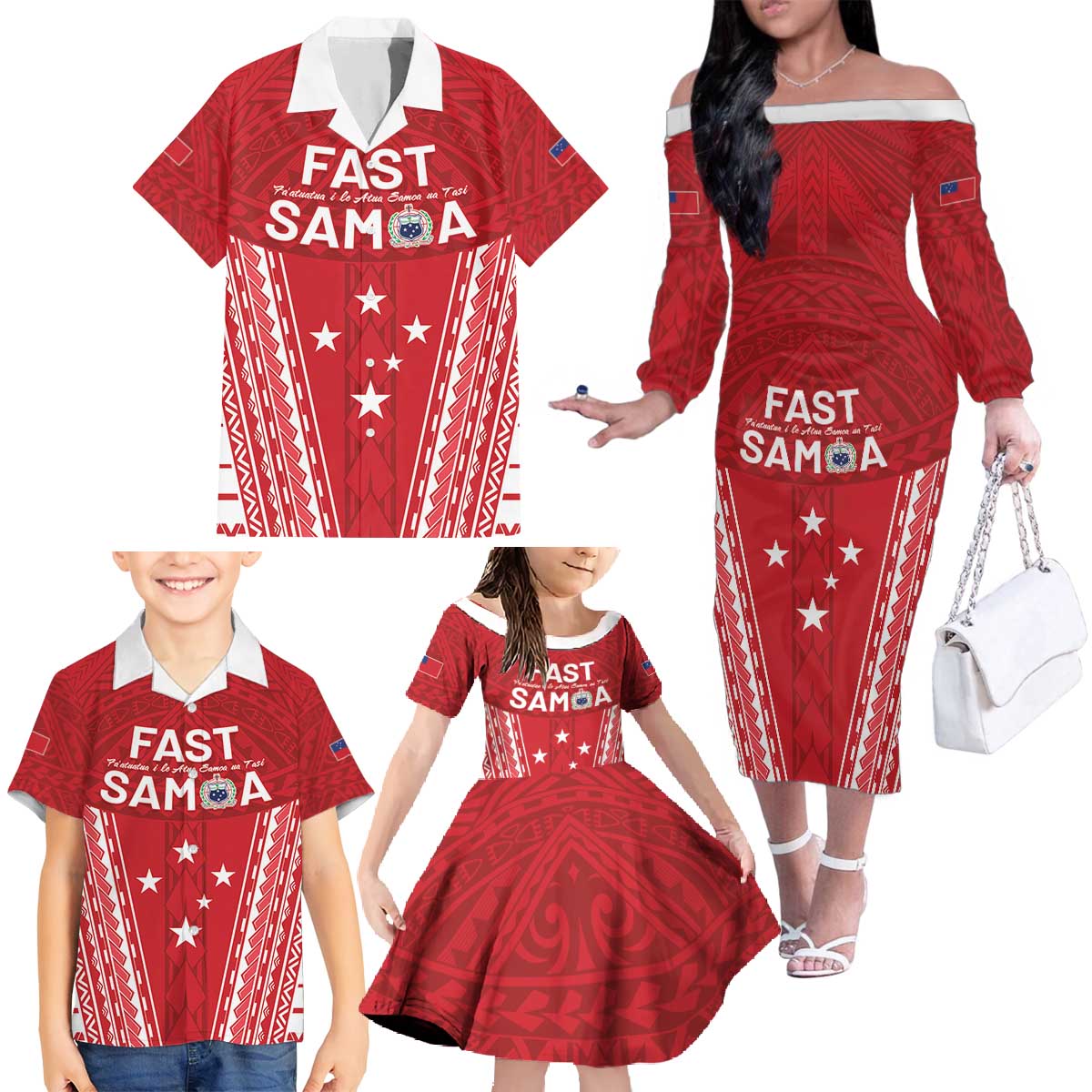 Samoa FAST Family Matching Off The Shoulder Long Sleeve Dress and Hawaiian Shirt Forever Proud Samoan Tribal Pattern - Polynesian Pride