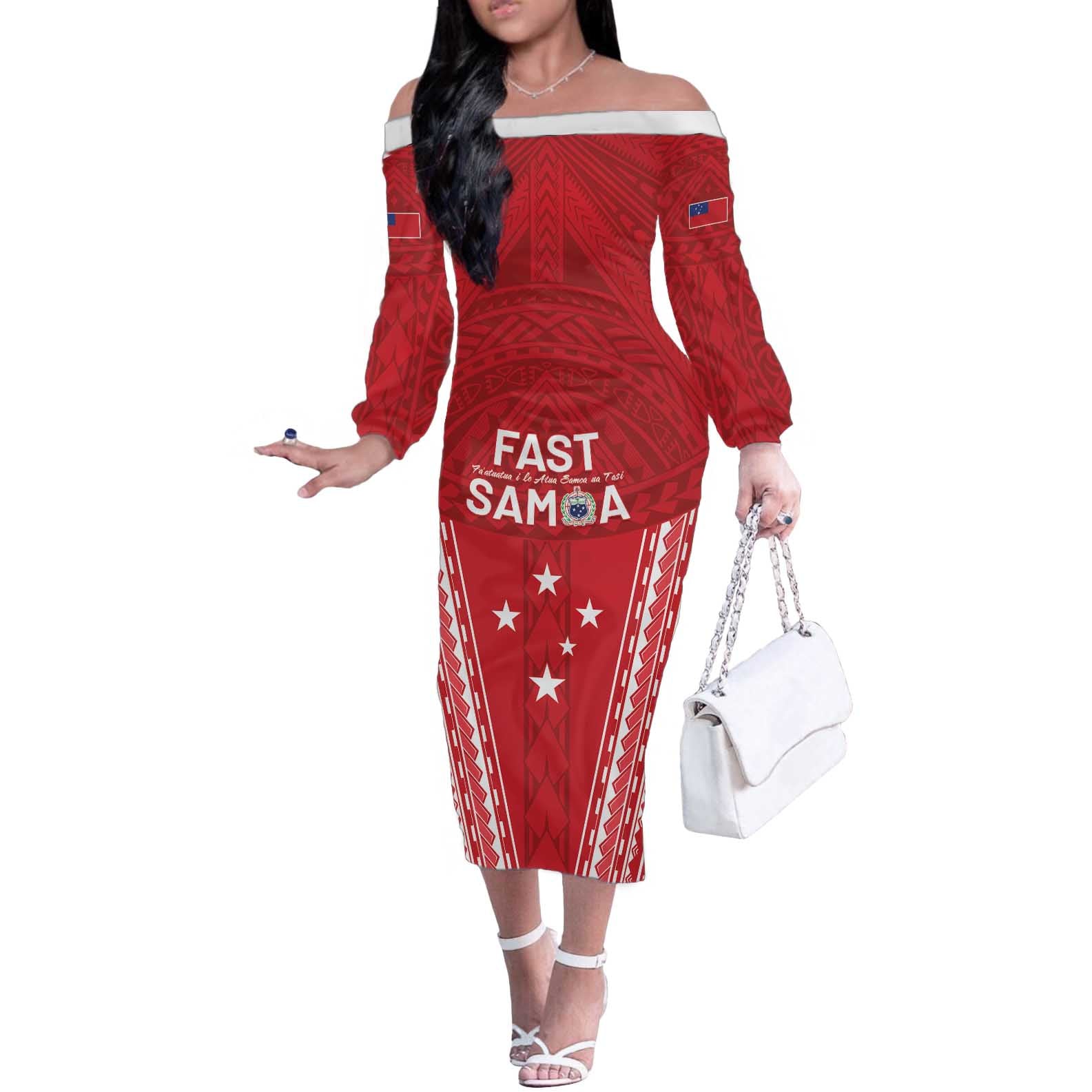 Samoa FAST Off The Shoulder Long Sleeve Dress Forever Proud Samoan Tribal Pattern - Polynesian Pride