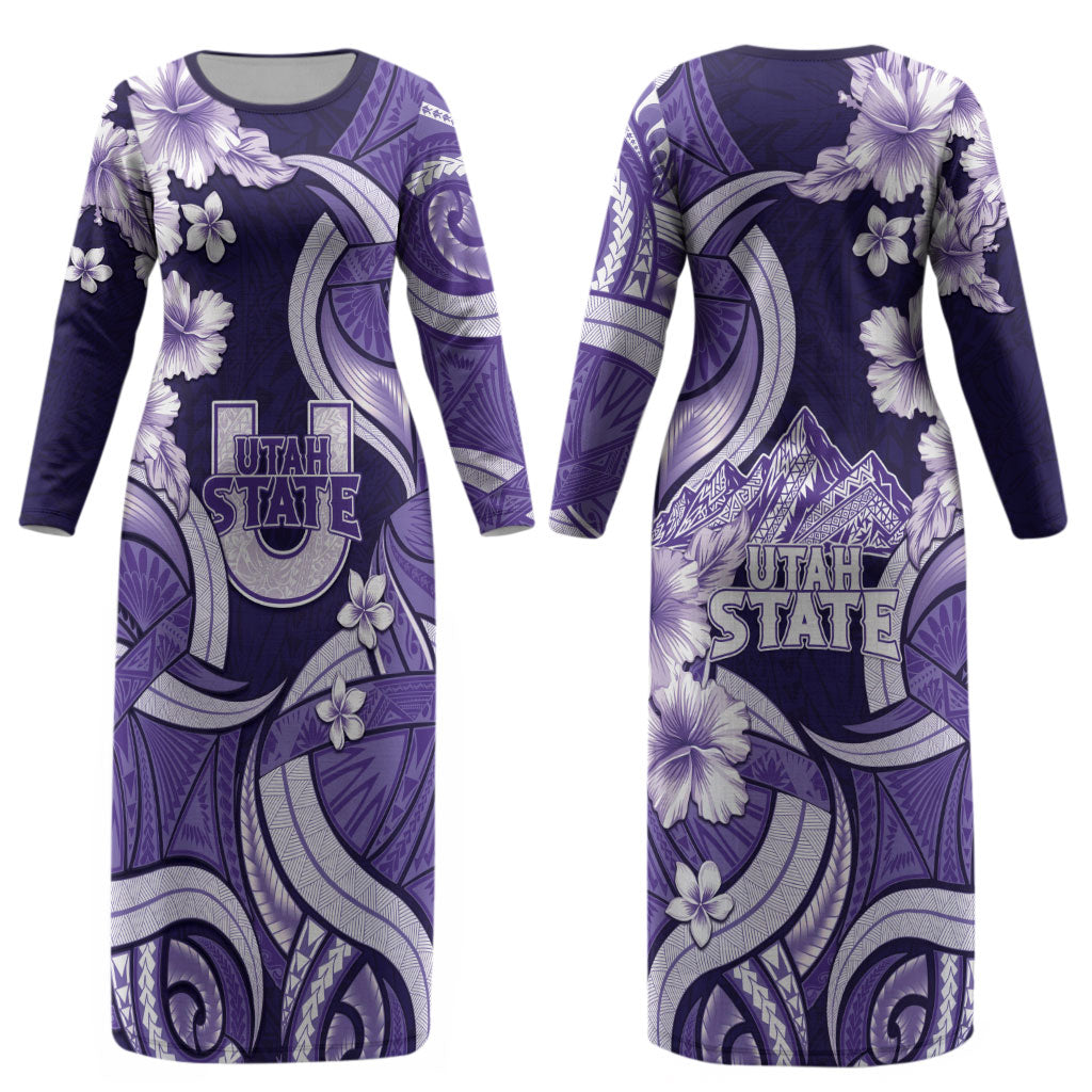 Utah State Polynesian Heritage Couples Matching Long Sleeve Bodycon Dress and Long Sleeve Button Shirt Floral Tribal Pattern Tropical Flowers LT05 - Polynesian Pride