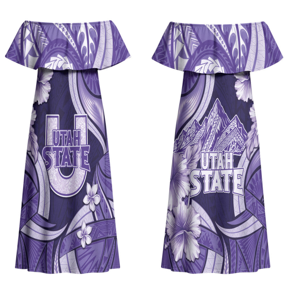 Utah State Polynesian Heritage Couples Matching Off Shoulder Maxi Dress and Long Sleeve Button Shirt Floral Tribal Pattern Tropical Flowers LT05 - Polynesian Pride