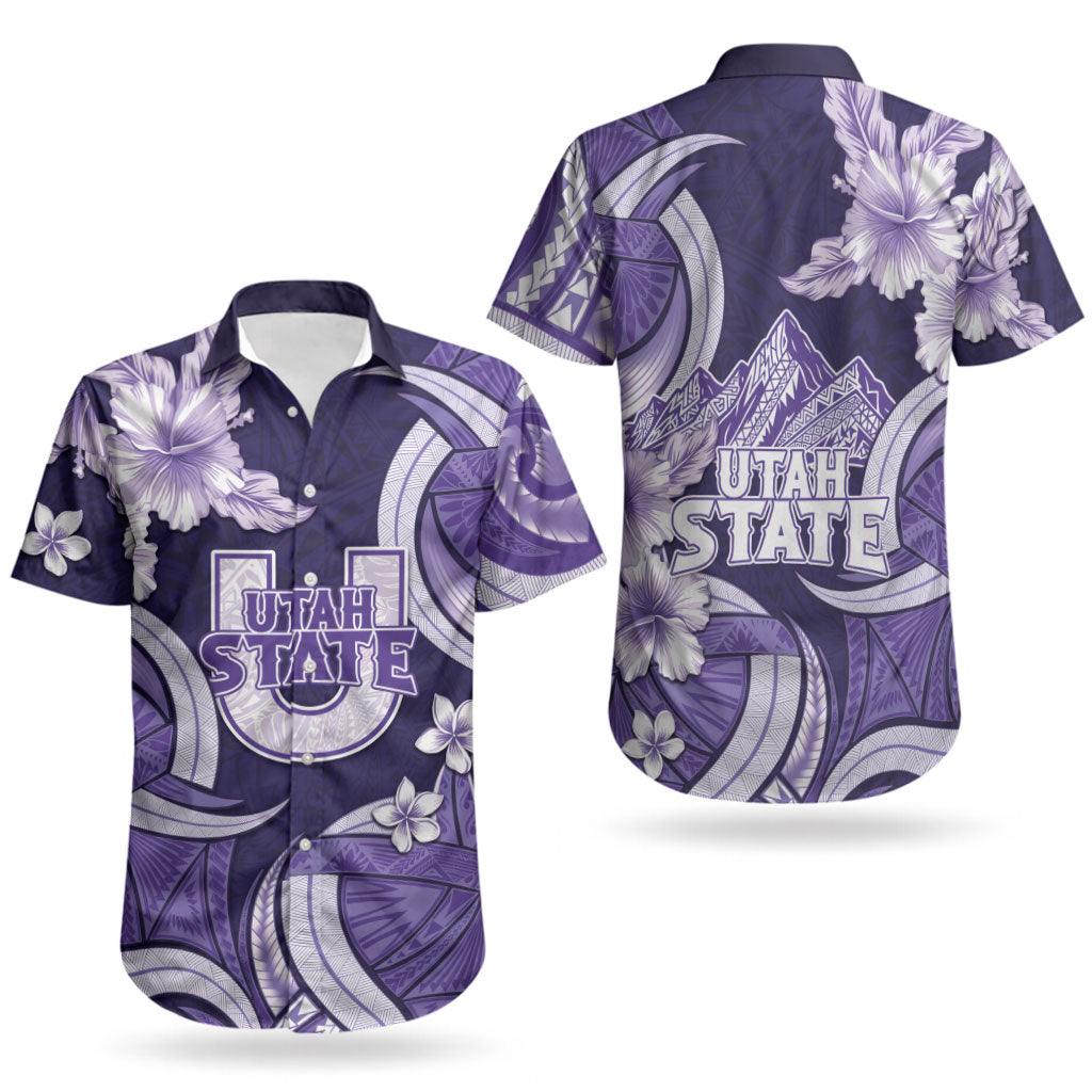 Utah State Polynesian Heritage Couples Matching Off The Shoulder Long Sleeve Dress and Hawaiian Shirt Floral Tribal Pattern Tropical Flowers LT05 - Polynesian Pride