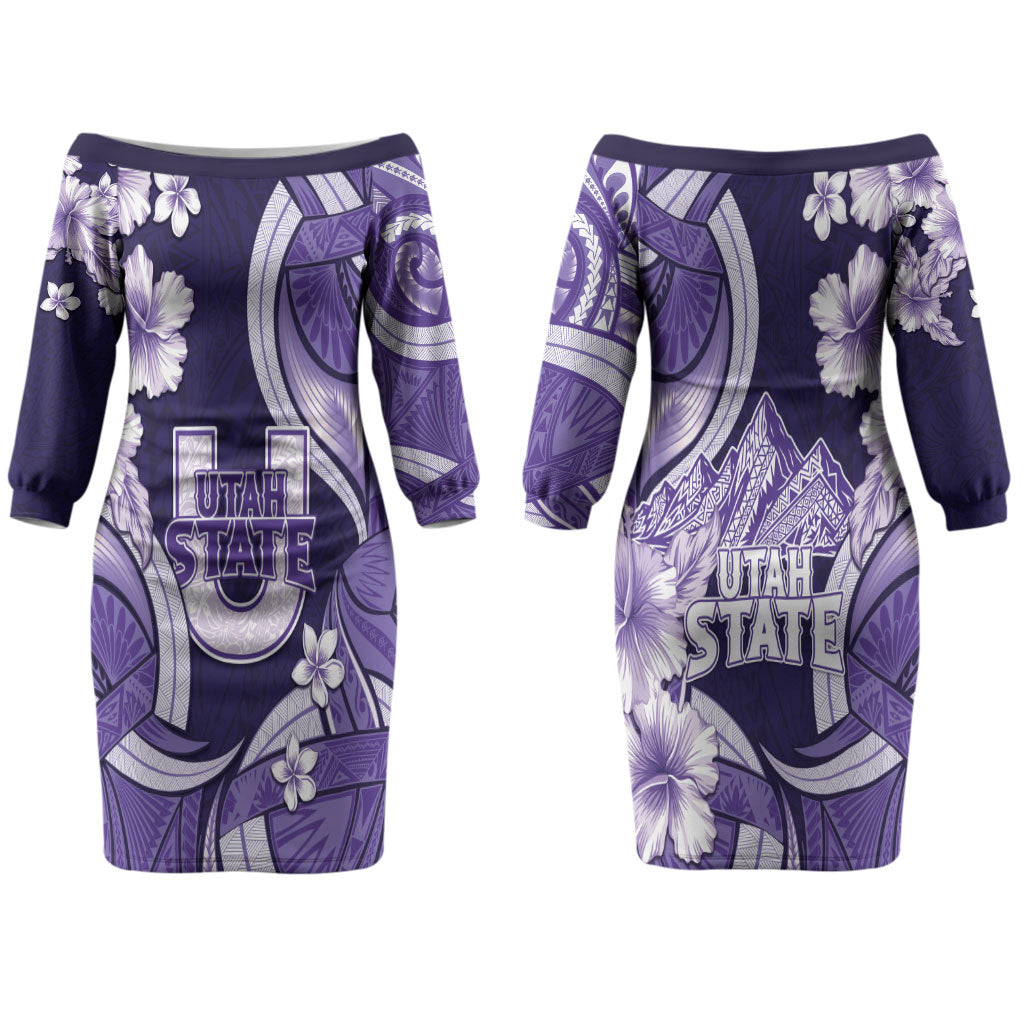 Utah State Polynesian Heritage Couples Matching Off The Shoulder Long Sleeve Dress and Hawaiian Shirt Floral Tribal Pattern Tropical Flowers LT05 - Polynesian Pride