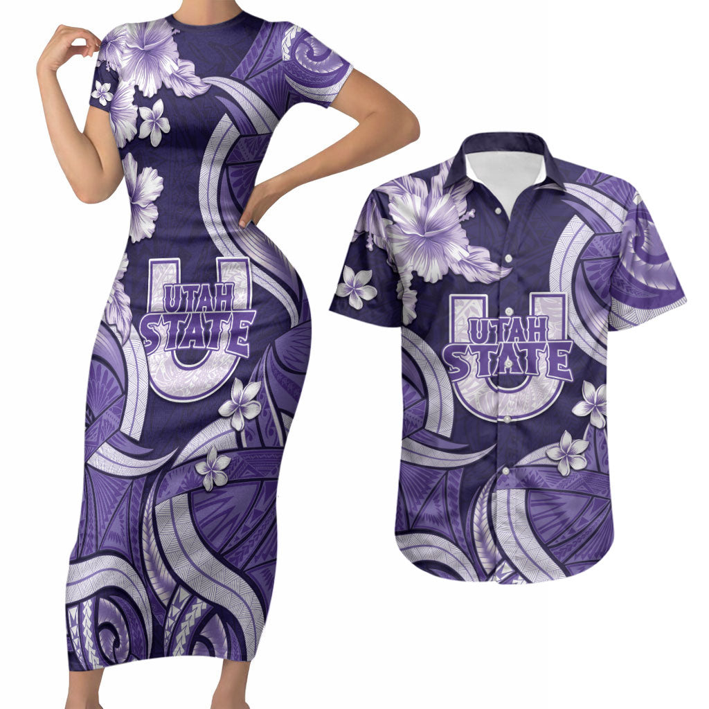 Utah State Polynesian Heritage Couples Matching Short Sleeve Bodycon Dress and Hawaiian Shirt Floral Tribal Pattern Tropical Flowers LT05 Purple - Polynesian Pride