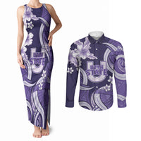 Utah State Polynesian Heritage Couples Matching Tank Maxi Dress and Long Sleeve Button Shirt Floral Tribal Pattern Tropical Flowers LT05 Purple - Polynesian Pride