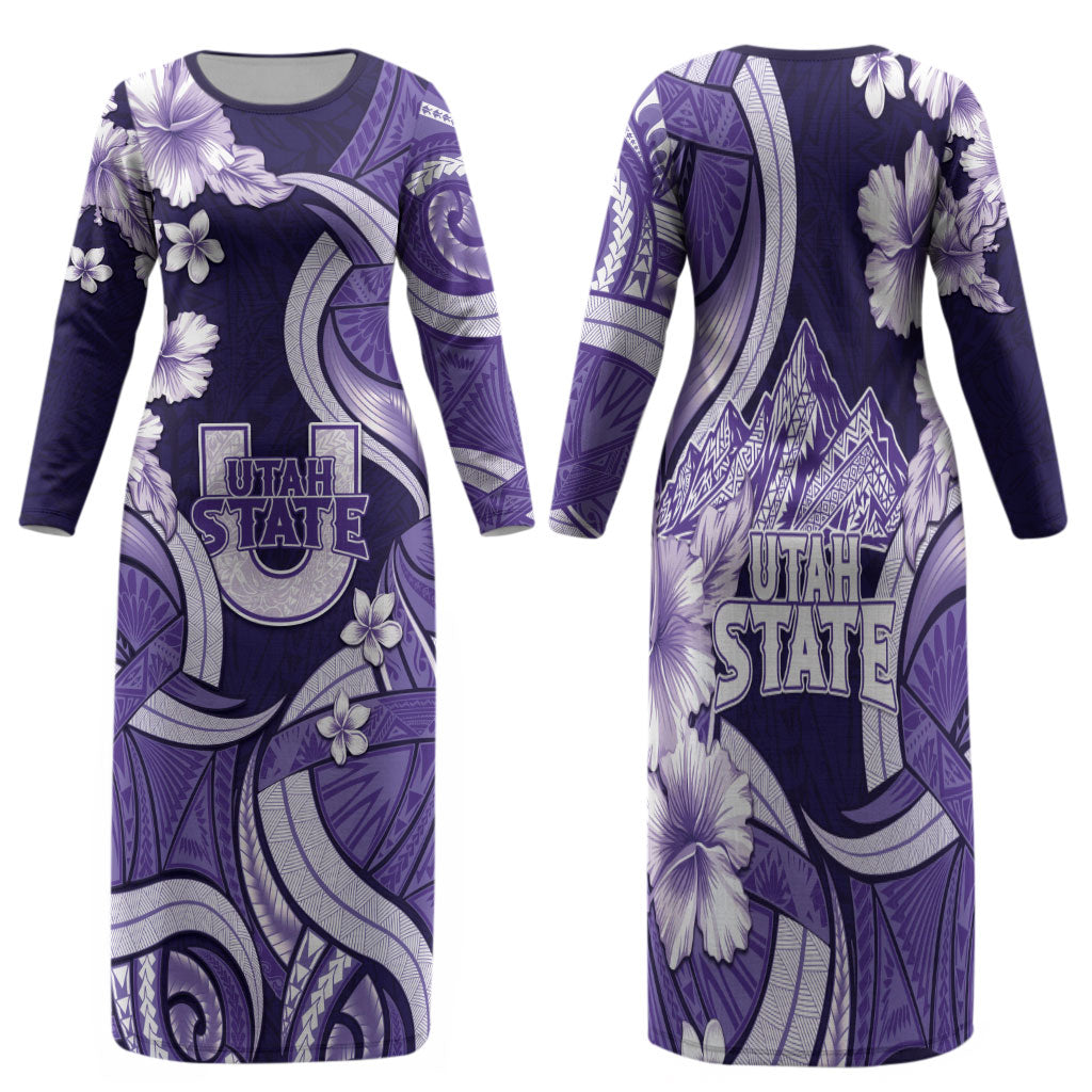 Utah State Polynesian Heritage Family Matching Long Sleeve Bodycon Dress and Hawaiian Shirt Floral Tribal Pattern Tropical Flowers LT05 Mom's Dress Purple - Polynesian Pride