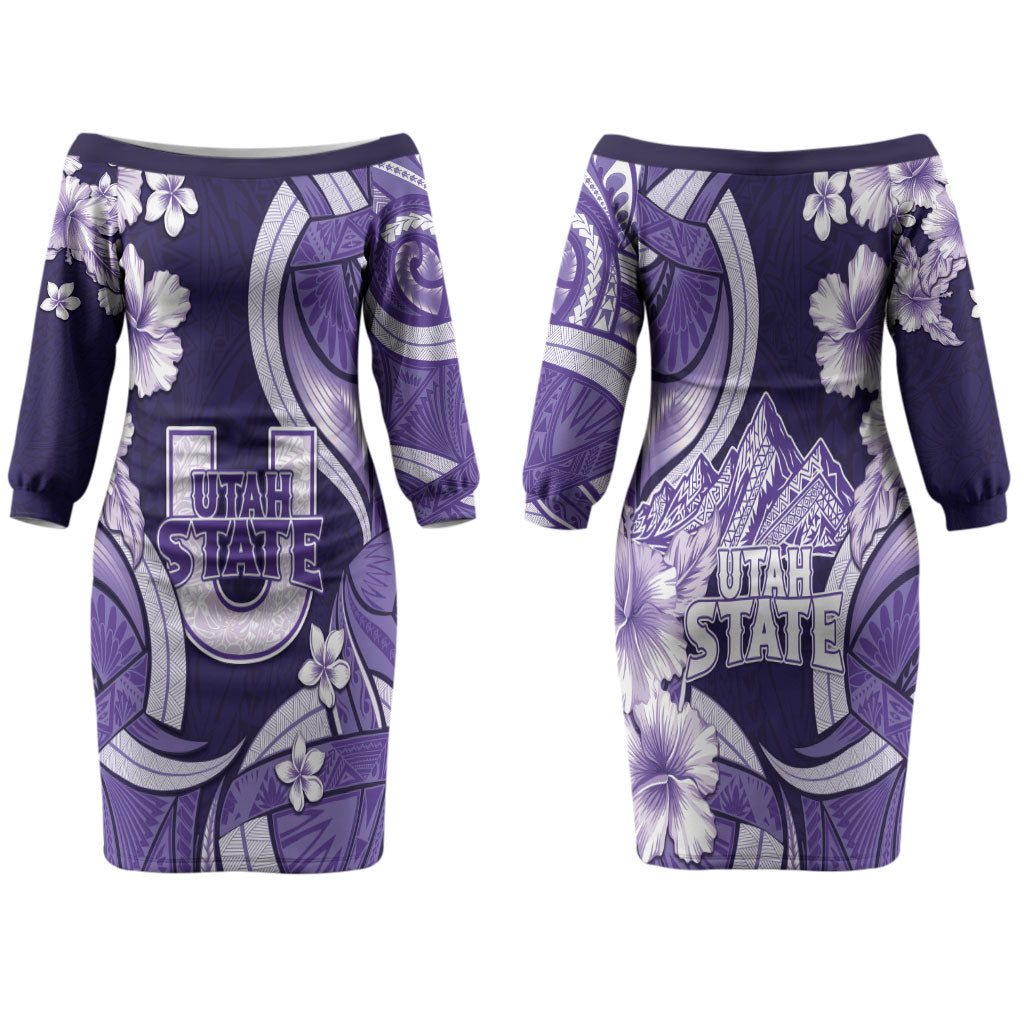 Utah State Polynesian Heritage Family Matching Off The Shoulder Long Sleeve Dress and Hawaiian Shirt Floral Tribal Pattern Tropical Flowers LT05 Mom's Dress Purple - Polynesian Pride